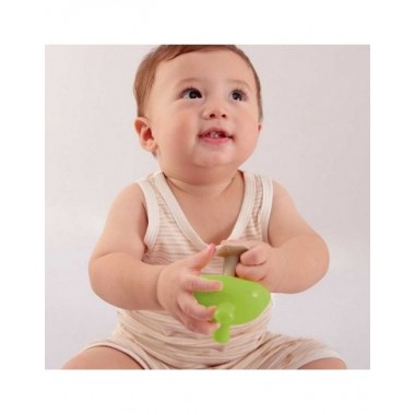Mombella silikoninis kramtukas Žalias grybas kūdikiams ir kramtuką laikantis kūdikis