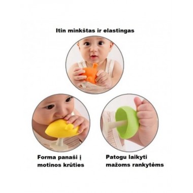 Mombella silikoninis kramtukas Žalias grybas kūdikiams - trys naudojimo vaizdai