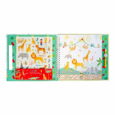 Spalvinimo knygelė su perkeliamais paveikslėliais Džiunglės atversta, matosi gyvūnai