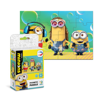 Dodo magnetinė Minions dėlionė Vakarėlis (16 el.) sudėliota ir jos pakuotė