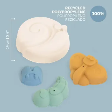 Miniland EKO smėlio formelių rinkinys Cool (4 vnt.) - savybių ir dydžio infografikas
