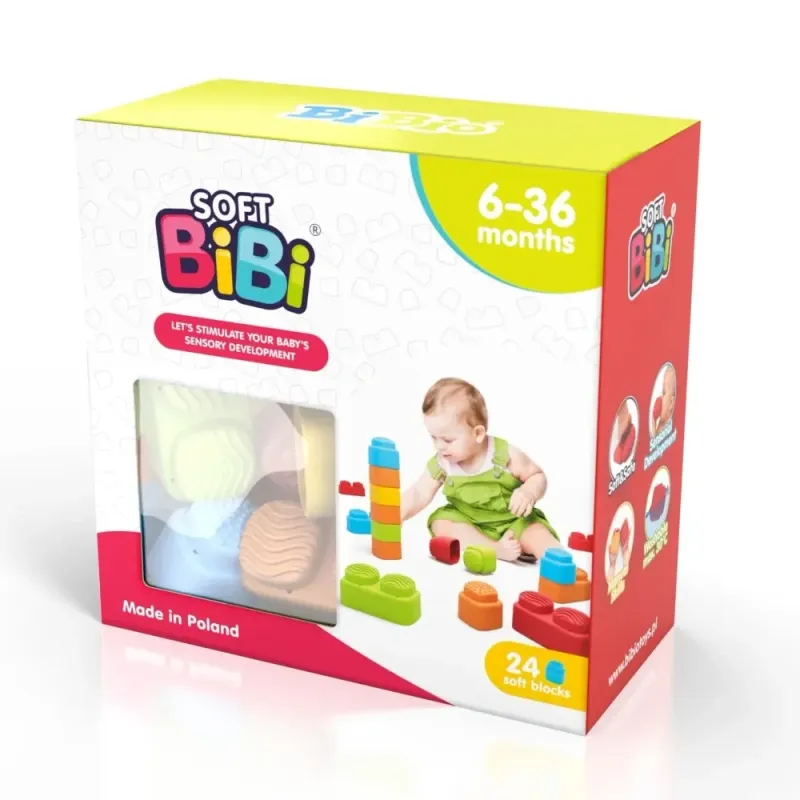 Sensorinės kaladėlės Soft Bibi (24 el) - vaizdas pakuotės baltame fone