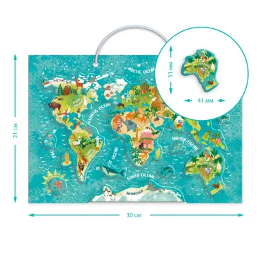 Magnetinė žemėlapio lenta vaikams su pasaulio žemynais ir gyvūnų paveikslėliais