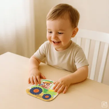 Vaikas dėlioja traktoriaus dėlionę su karvute