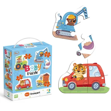 Dodo didelių detalių dėlionė Transportas - meškiukas ekskavatoriuje ir tigras automobilyje