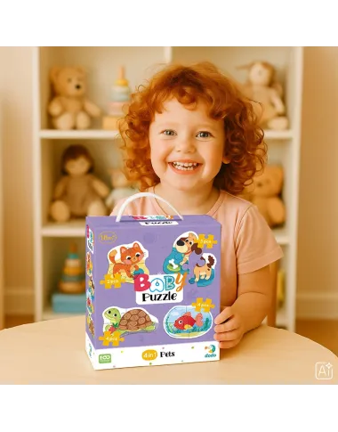 Dodo didelių detalių dėlionė Augintiniai - dėlionės dėžutė su vėžliuku, kačiuku, šuniuku, žuvyte