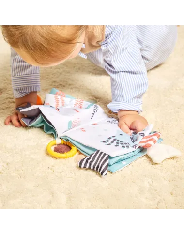 Medžiaginė lavinamoji knygelė kūdikiams gimimo su jūros gyvūnų iliustracijomis.