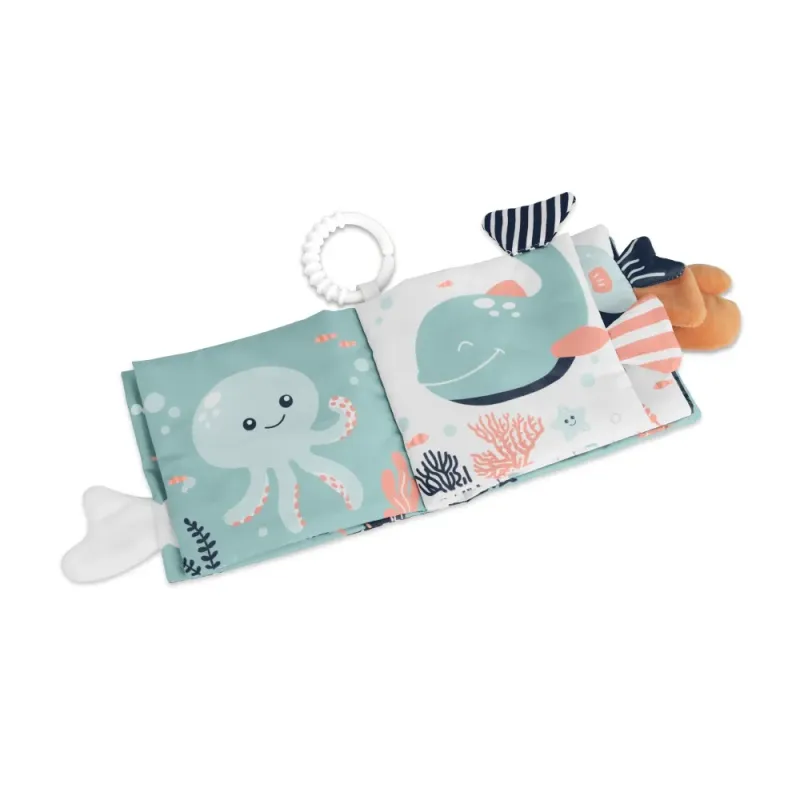 Medžiaginė lavinamoji knygelė kūdikiams gimimo su jūros gyvūnų iliustracijomis.