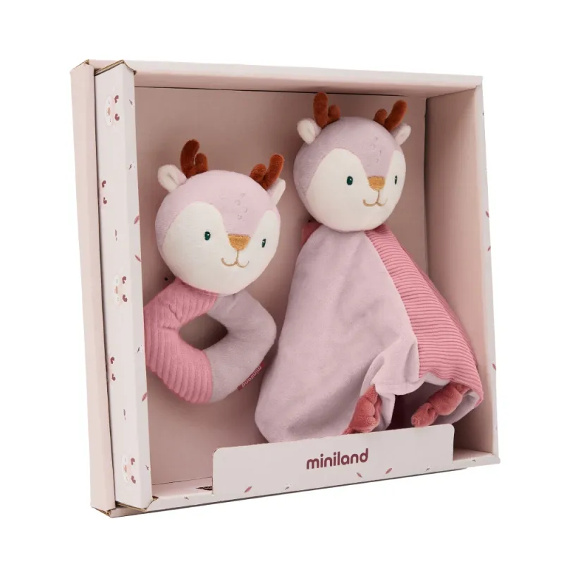 Miniland dovanų rinkinys kūdikiams Elniukė su barškučiu ir migduku dėžutėje