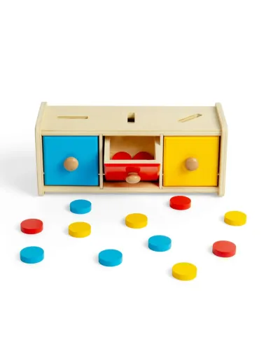 Bigjigs medinis monetų rūšiavimo žaidimas su spalvotomis monetomis