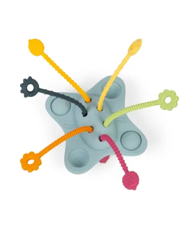 Sensorinis silikoninis žaislas „Pull, Push & Pop“ su spalvotomis virvelėmis.