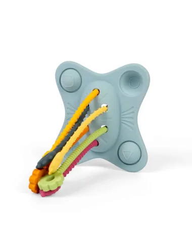 Sensorinis silikoninis žaislas „Pull, Push & Pop“ su spalvotomis virvelėmis.