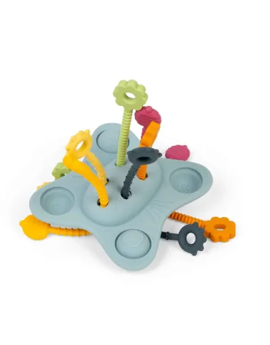 Sensorinis silikoninis žaislas „Pull, Push & Pop“ su spalvotomis virvelėmis.