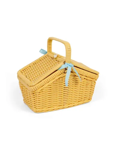 Medinis pikniko rinkinys pintinėje vaikams - arbatinukas, puodeliai, lėkštės.