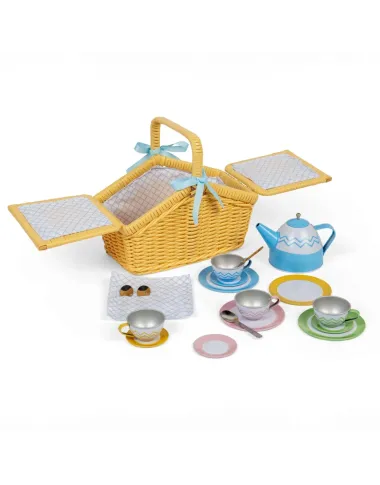 Medinis pikniko rinkinys pintinėje vaikams - arbatinukas, puodeliai, lėkštės.