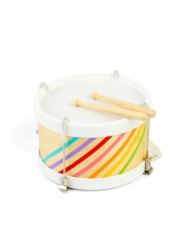Medinis būgnas su vaivorykštės juostomis ir būgneliais.
