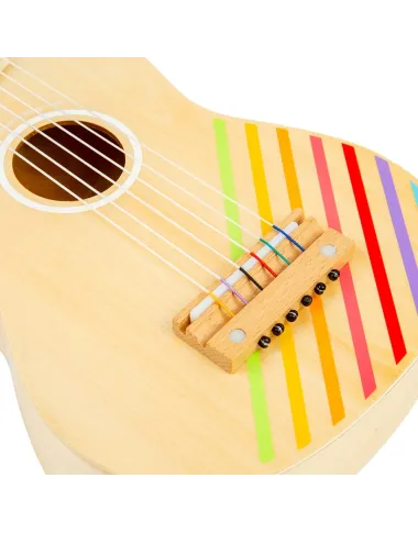 Medinė gitara vaikams su vaivorykštės juostomis.