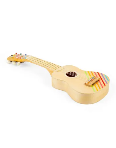 Medinė gitara vaikams su vaivorykštės juostomis.