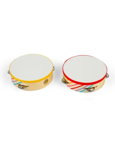 Medinis tamburinas vaikams su vaivorykštės juostomis.