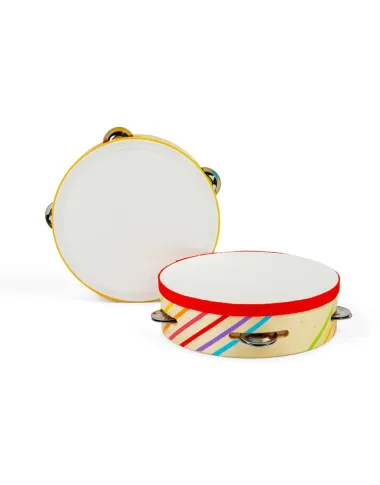 Medinis tamburinas vaikams su vaivorykštės juostomis.