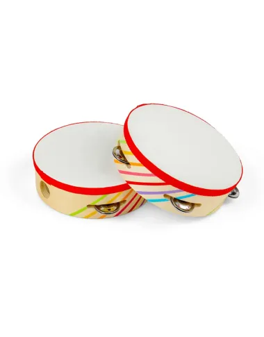 Medinis tamburinas vaikams su vaivorykštės juostomis.