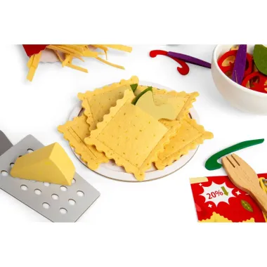 Bigjigs žaidimų maistas vaikams – makaronai, sūris ir daržovės.