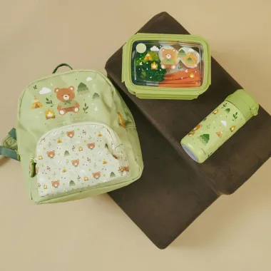 Miniland nerūdijančio plieno pietų dėžutė Explorer ir deranti kuprinė su gertuve