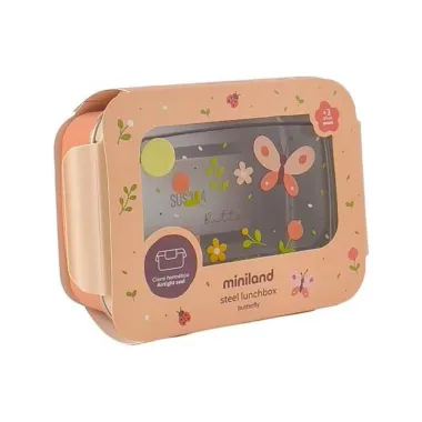 Miniland rausva nerūdijančio plieno pietų dėžutė Butterfly